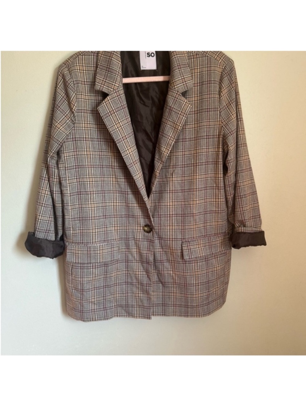 SO oversized Brown Plaid Single-Button Blazer